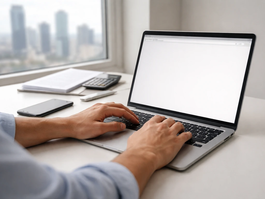 Person at a desk using a laptop to verify financial disclosures and update calculations