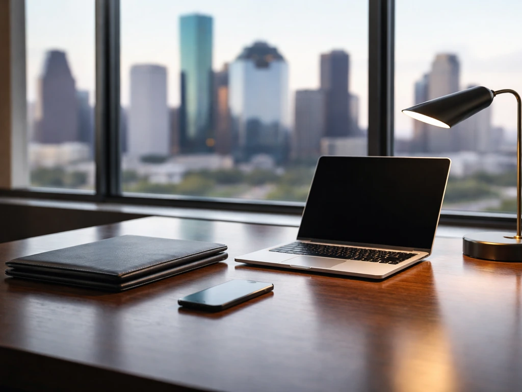 Minimal photo of a private equity executive work setup: laptop, leather portfolio, and city view through window.