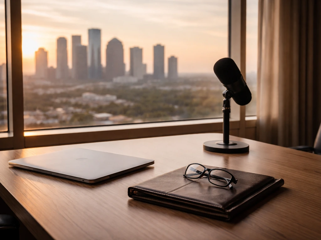 Minimal Houston office desk with laptop and microphone, implying private equity and impact leadership