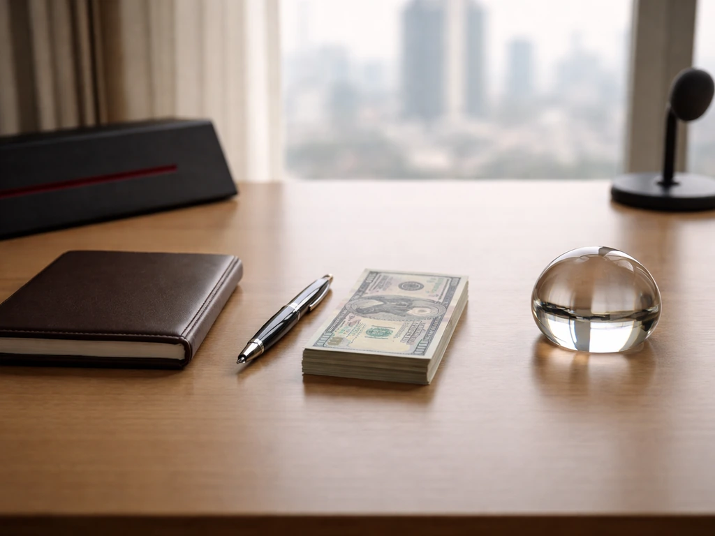 Minimal office scene with a split-toned desk setup symbolizing base earnings, carry/bonus, and equity value flow.