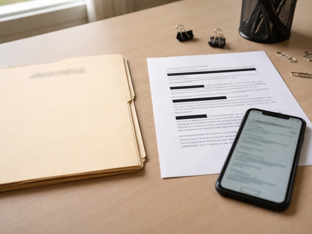 Blurry legal document and folder on a desk, with phone showing unreadable public-records style evidence.