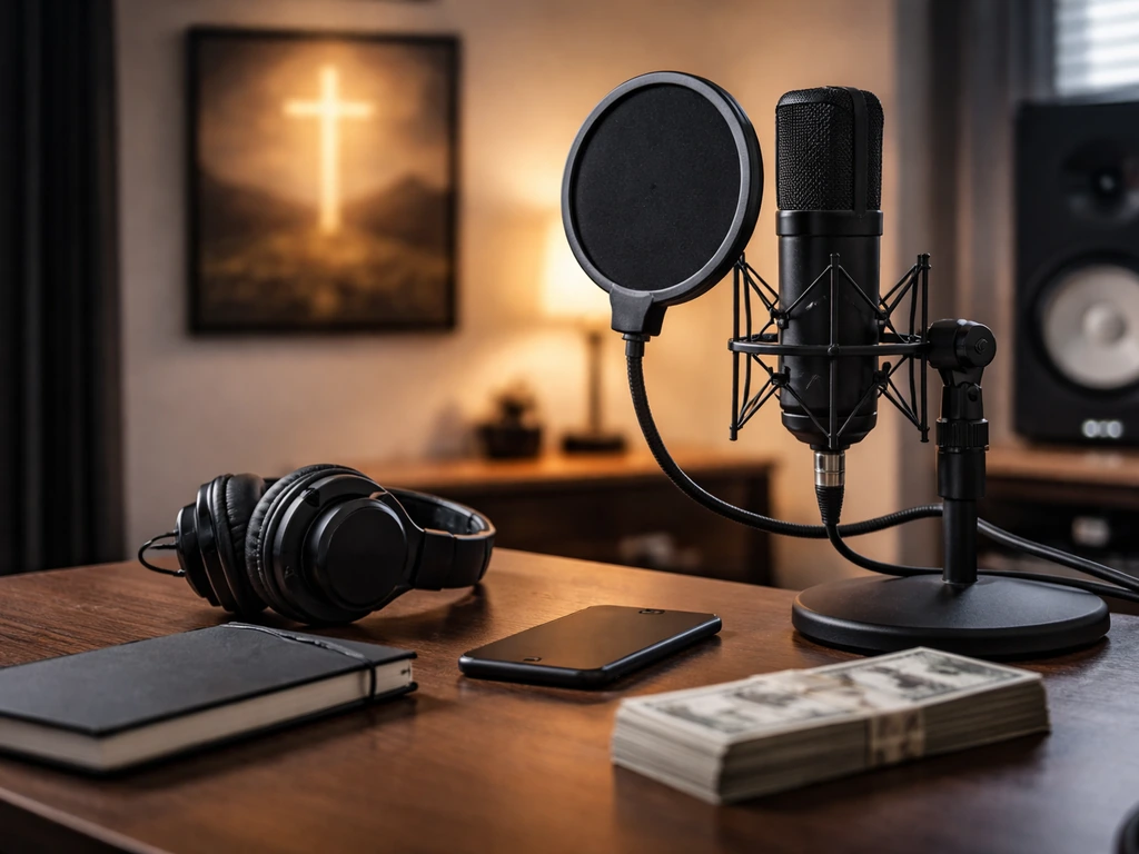 Anonymous studio microphone with headphones and out-of-focus cash on a desk, hinting music income analysis
