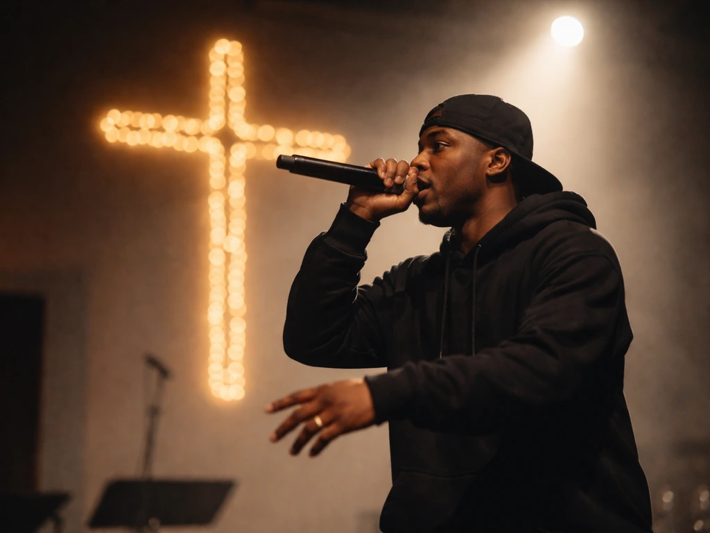 Anonymous Christian hip-hop performer rapping into a microphone on a small church stage under warm lights.