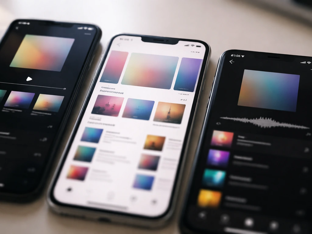 Close-up of three music streaming app surfaces on devices, glowing softly on a desk.