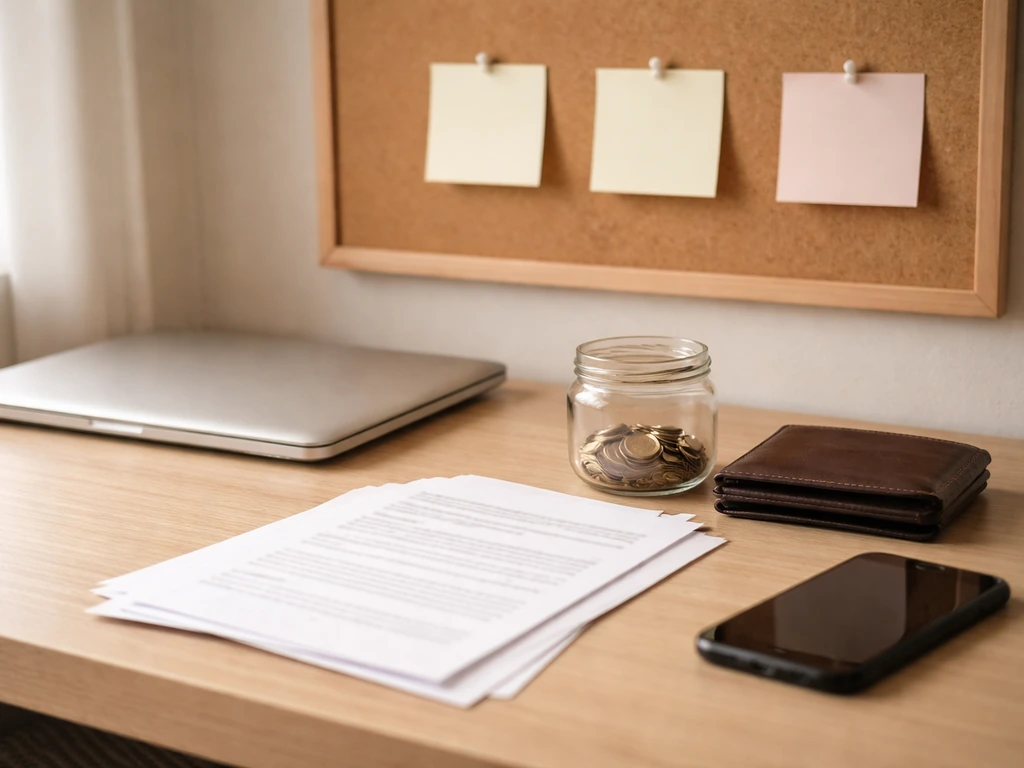 Minimal desk scene with coins jar, wallet, blank documents and sticky notes implying asset verification categories.