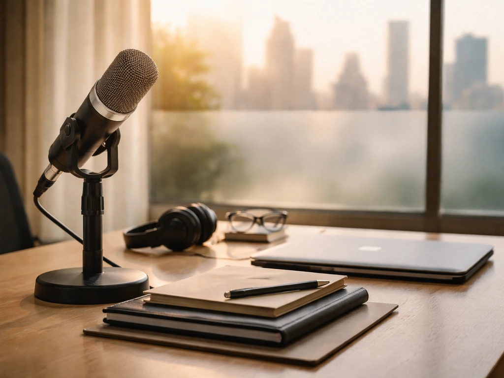 Broadcast newsroom desk with a microphone and laptop, softly lit by natural window light.