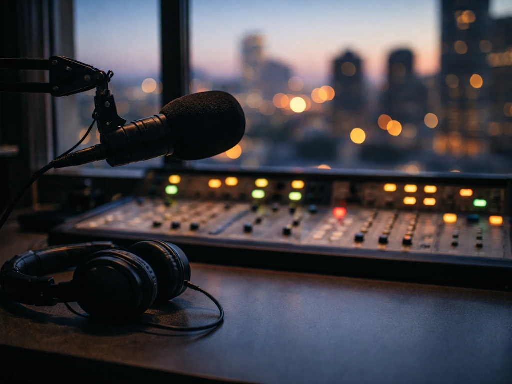 Empty broadcast studio control desk with microphone and headphones, evening city lights outside.