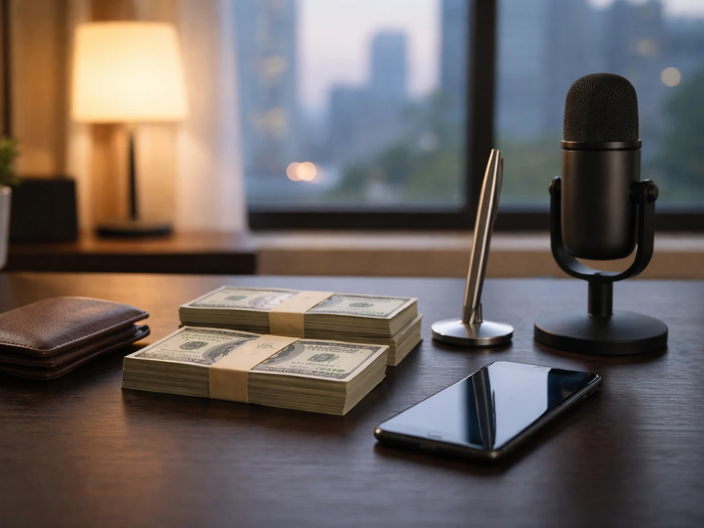 Minimal office desk with wallet, cash bundles, pen, microphone, and blurred city lights