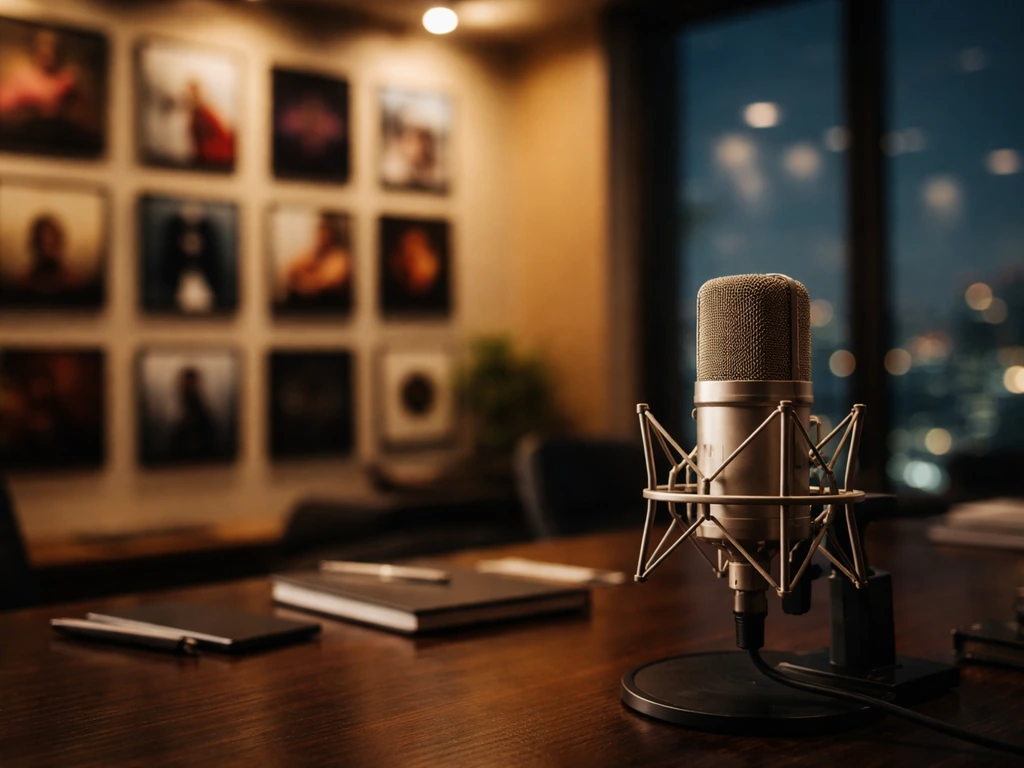 Close-up of a minimalist luxury record-label office desk with a vintage microphone and dim city lights