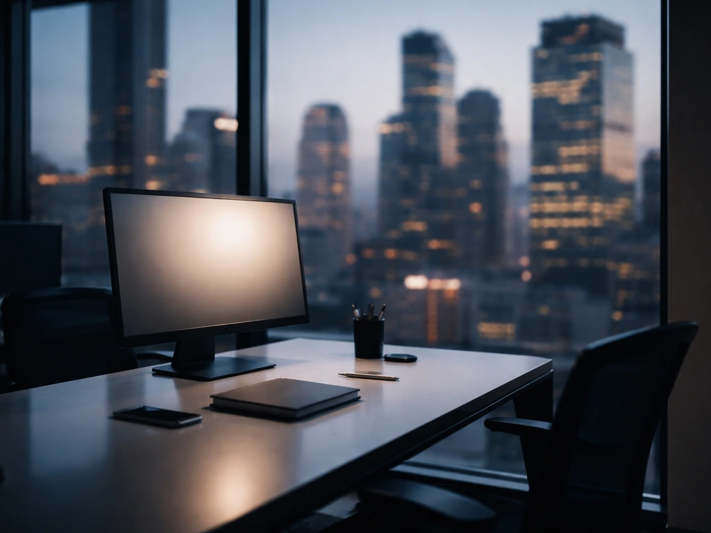 A modern business newsroom office with a monitor glow and city view, symbolizing Bloomberg media leadership