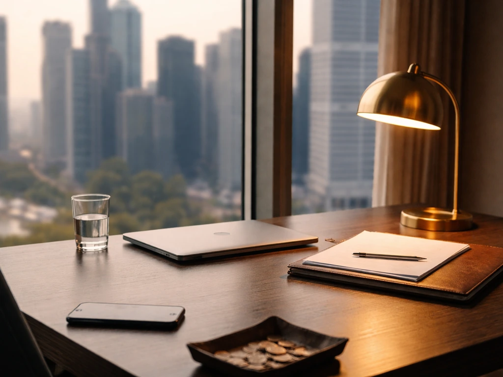Minimal investment office scene with desk items and a city skyline through the window.