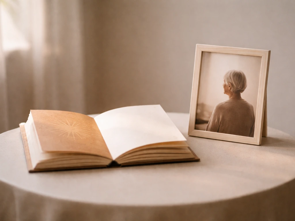 Minimal desk scene showing two blurred elements: a warm spiritual book-like object and a separate woman silhouette photo