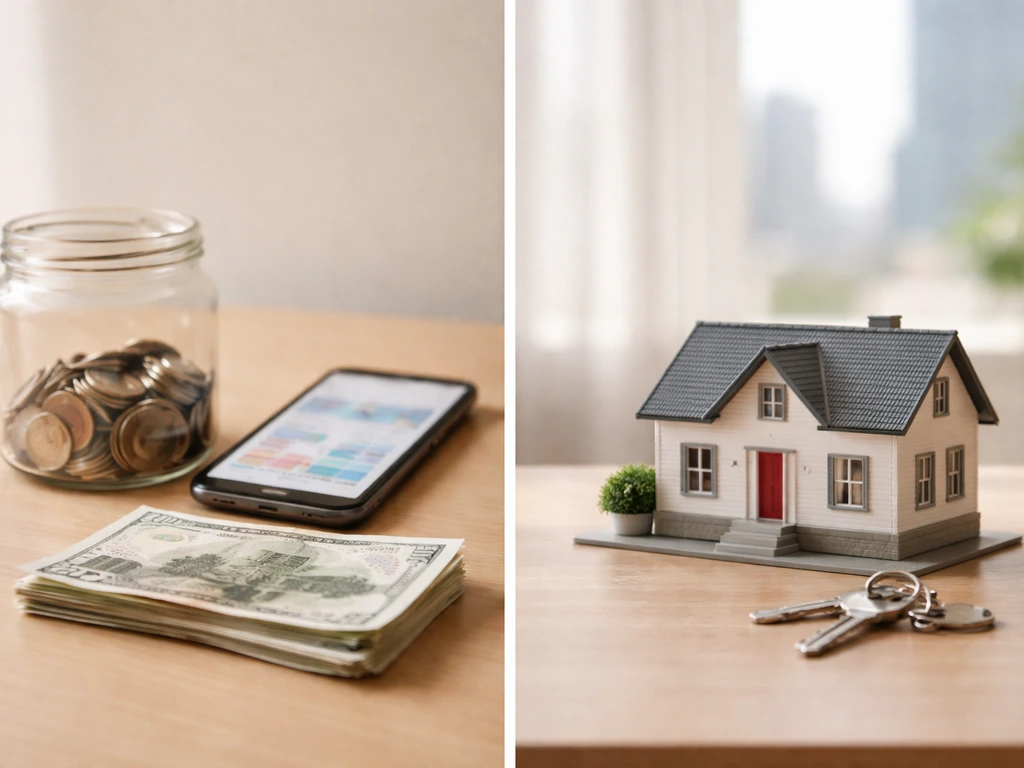 Minimal split photo: coins and cash on one side, a small house model with city view on the other.