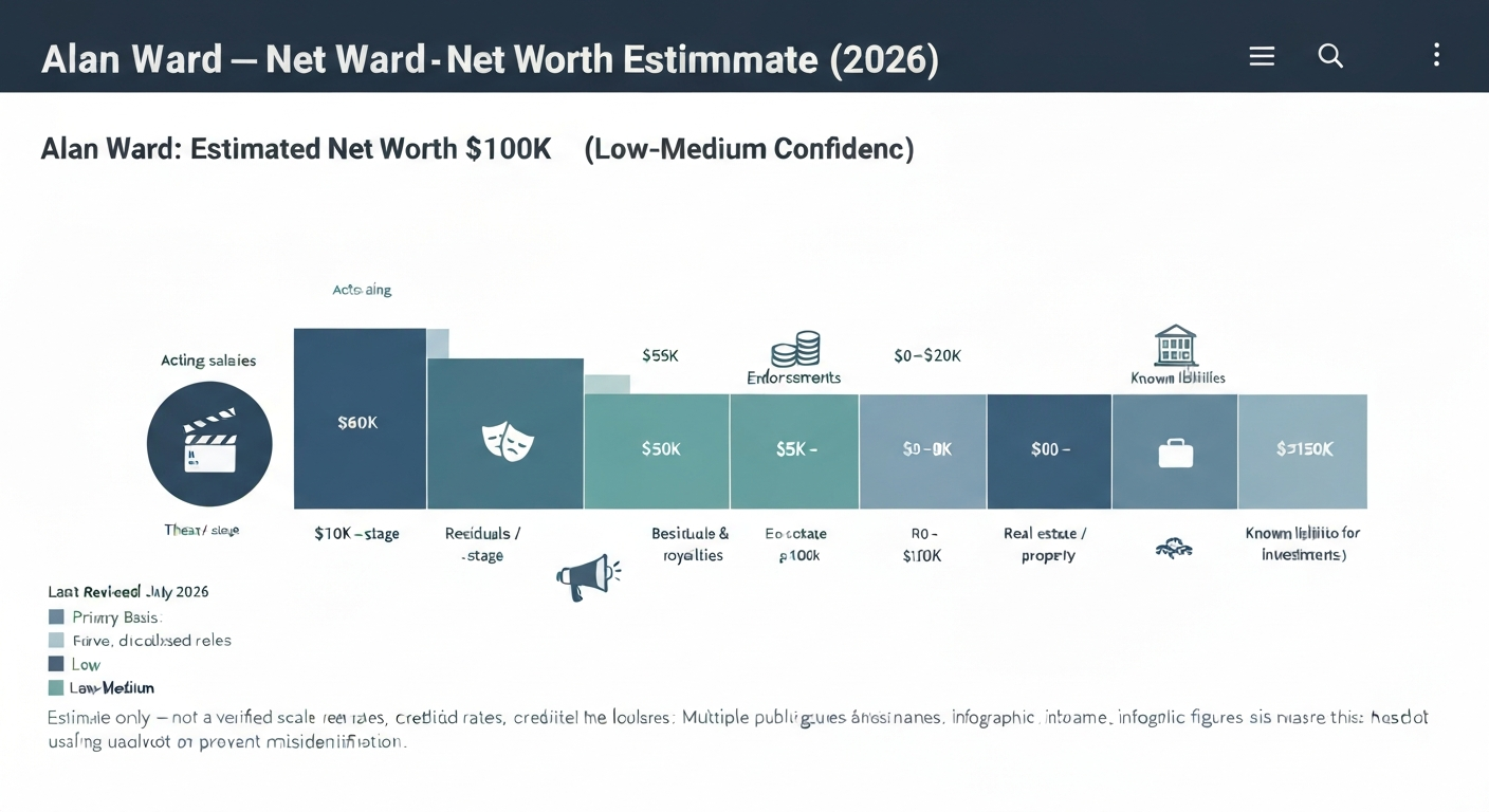 Infographic titled 'Alan Ward: Estimated Net Worth $100K–$500K' showing component ranges (acting, theater, residuals, endorsements, investments, real estate) with confidence labels and a July 2026 review date; no headshot.
