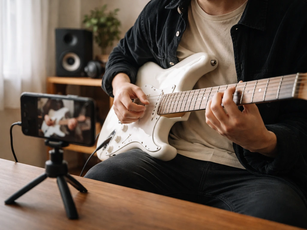 Anonymous person recording a guitar cover setup with a phone in a home studio.
