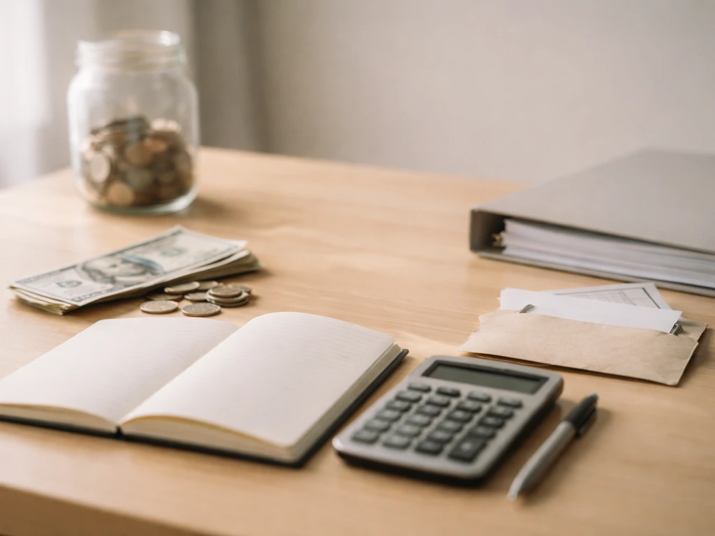 Minimal desk with calculator, notebook, cash and coins, symbolizing assets minus liabilities