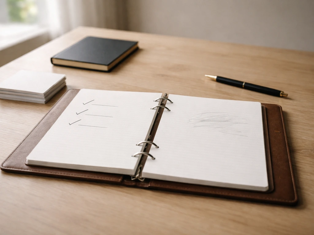 Minimal desk scene with an open blank ledger binder showing marked “known” vs mostly empty “unknown” side.