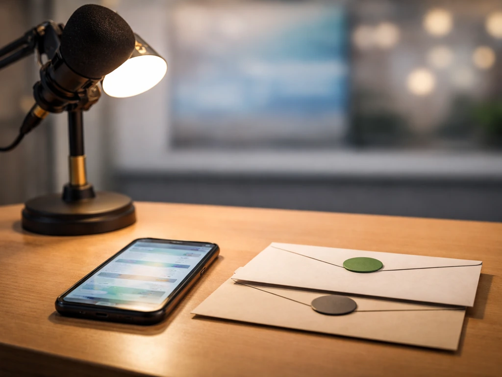 Minimal studio desk scene with a microphone and phone showing blurred finance info to suggest estimate vs range.