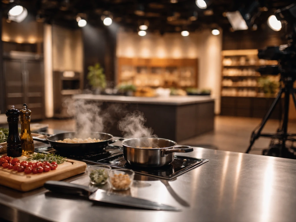 Unoccupied TV cooking set with warm studio lighting and shiny prep counter, suggesting TV presenting career