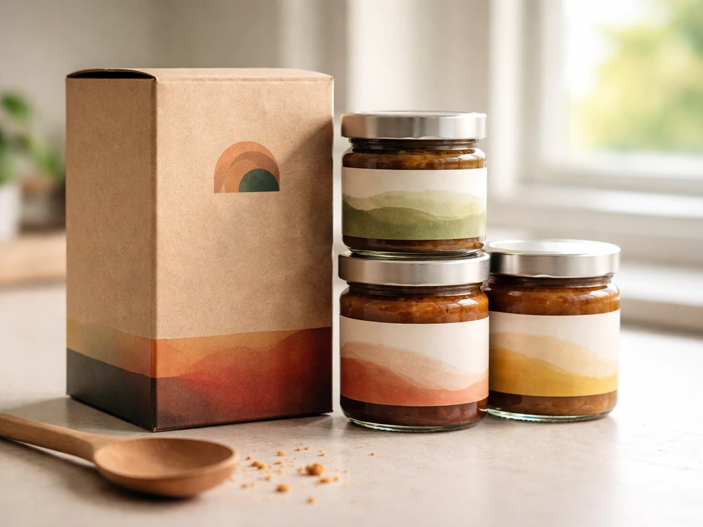 Branded glass food jars and pantry box on a kitchen counter, minimal and softly lit.