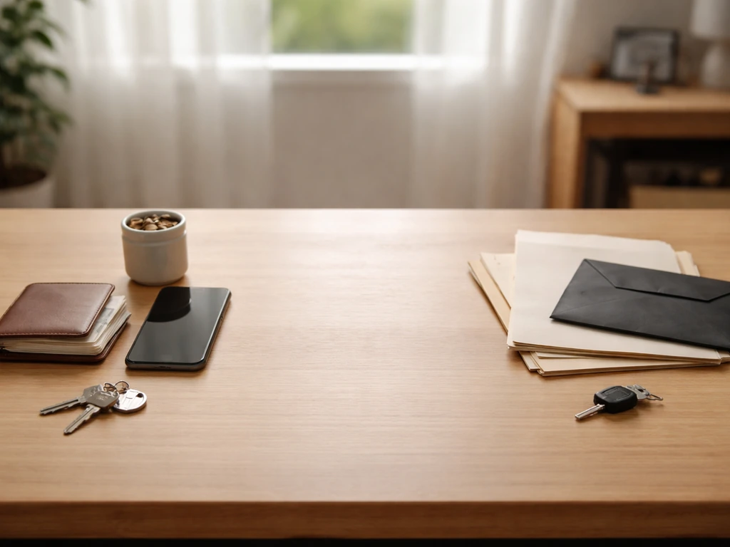 Minimal desk scene showing money and keys on one side and bills/documents on the other to symbolize assets minus debts.