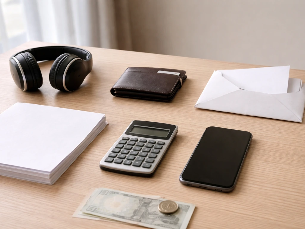 Minimal office desk with headphones, wallet, envelope, calculator, and blank papers symbolizing income and debts.