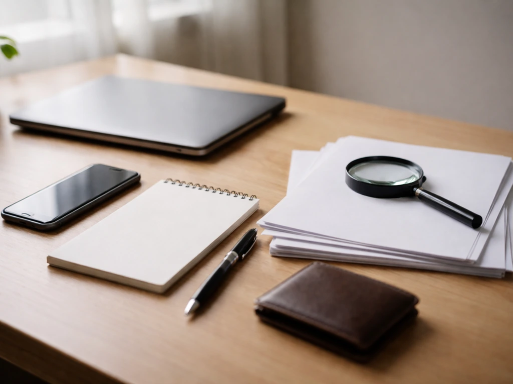 Minimal desk scene with documents, magnifying glass, and blank notepad symbolizing verification of net worth claims.