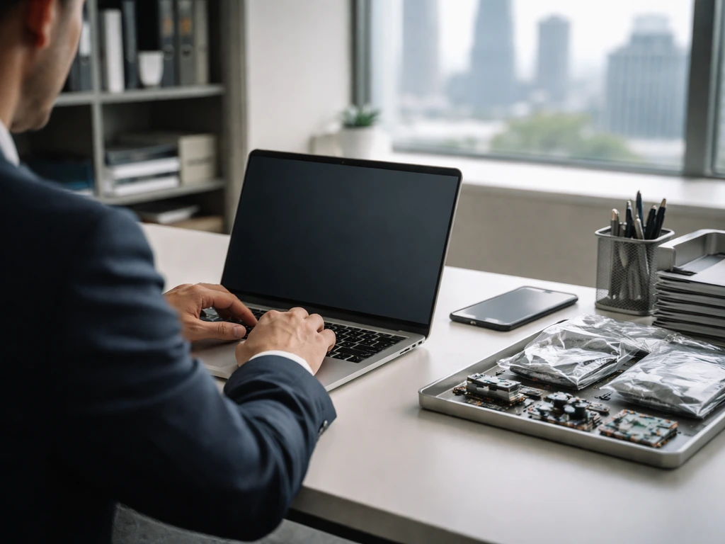 Anonymous executive-style desk scene with laptop, phone, and unlabeled electronic components in an office.