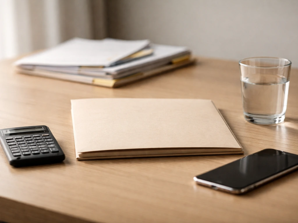 Minimal desk scene with a calculator, company documents, and a blurred investment-style folder suggesting net worth buil