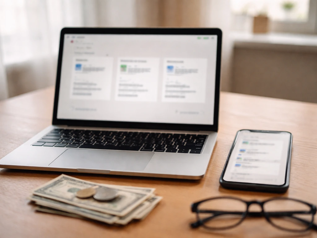 Anonymous finance media comparison scene with multiple blurred, screenshot-like estimates on a desk