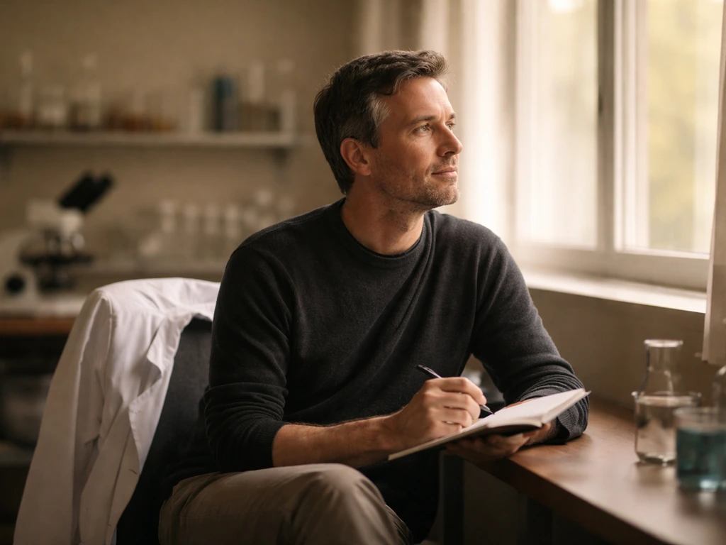 British biomedical researcher in a quiet lab office, holding a notebook, calm focused atmosphere