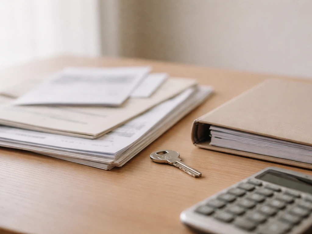 Minimal desk scene with blurred documents, a key, and a calculator—symbolizing sources behind net worth estimates.