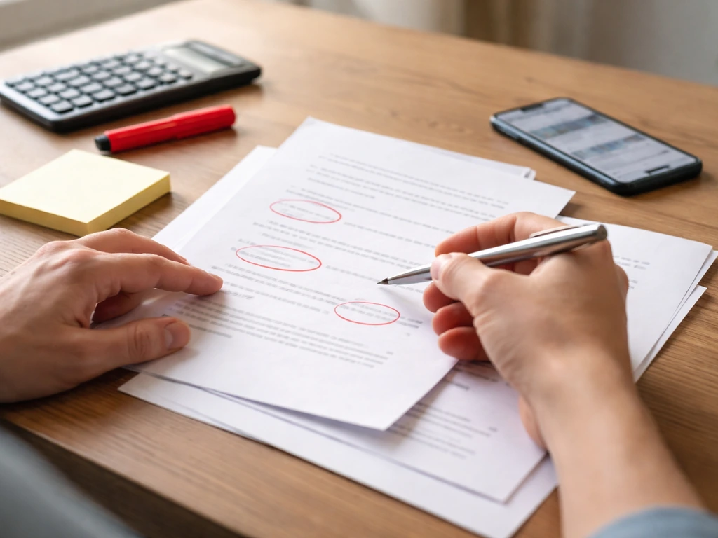 Hands cross-checking financial documents on a desk with calculator and blurred smartphone, minimal red flags theme.