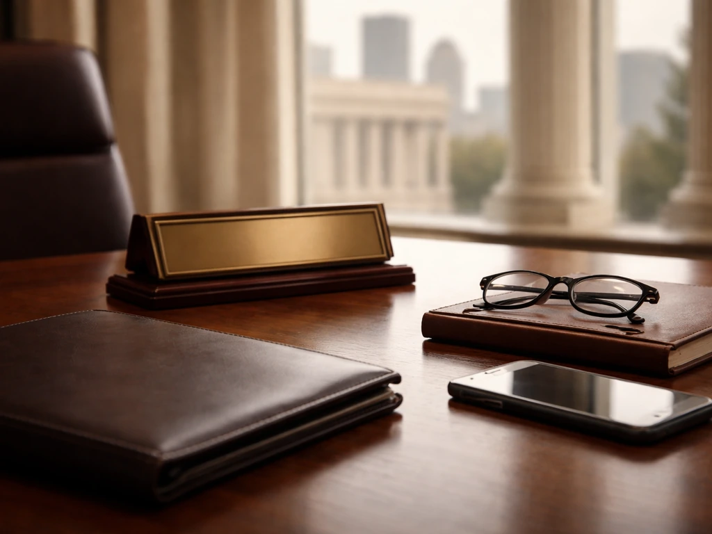 Minimal law-office desk with leather folder and glasses, warm natural light, blurred courthouse-like background