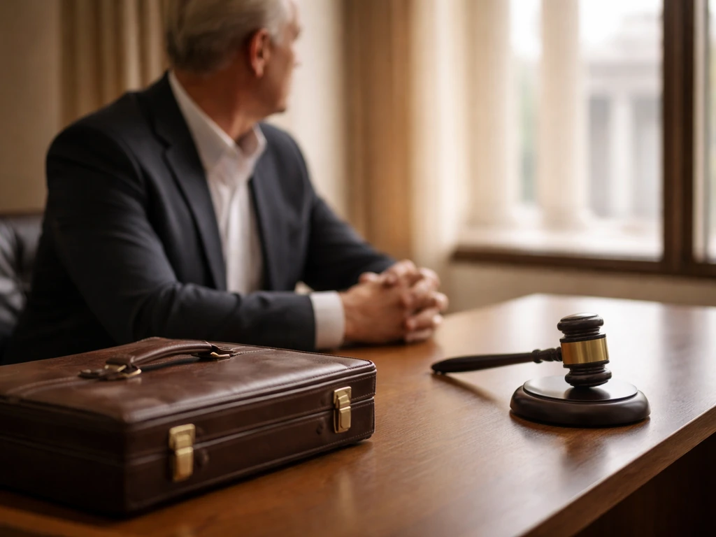 Anonymous older attorney in a quiet office with briefcase and gavel, blurred courthouse backdrop.