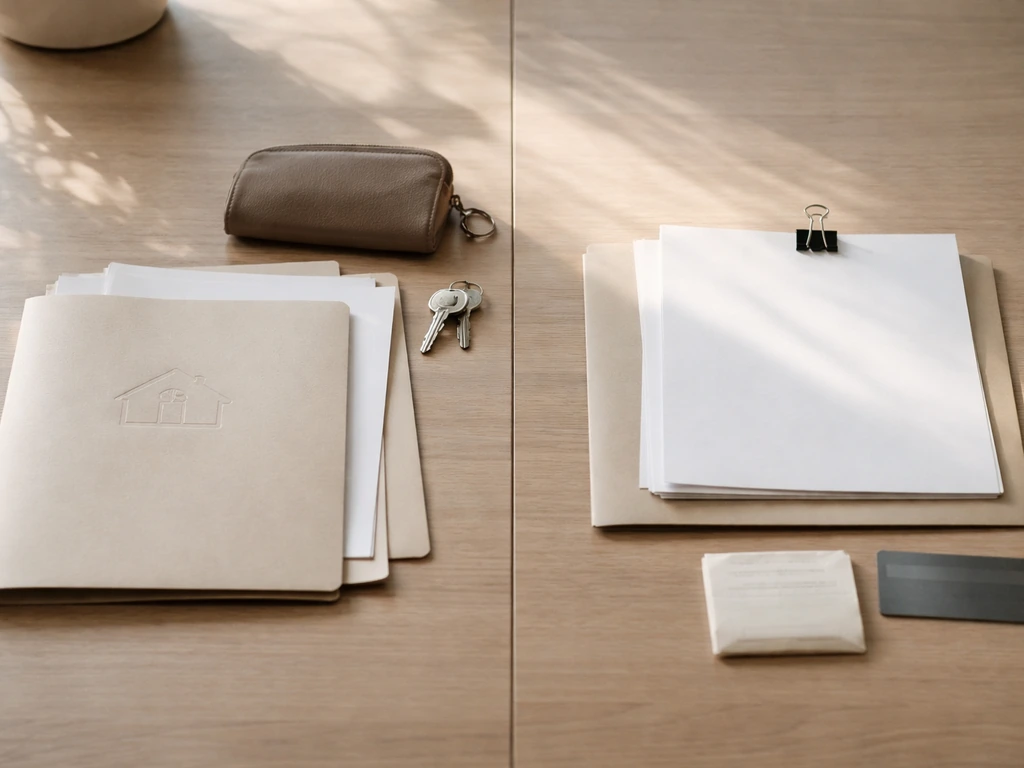 Minimal desk scene split into assets vs liabilities folders with keys and unmarked loan-like papers
