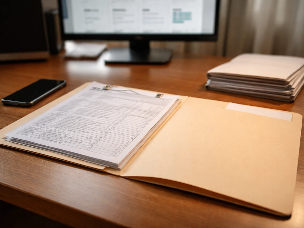 Open documents on a desk with blurred nonprofit website-style screen in the background, no readable text.