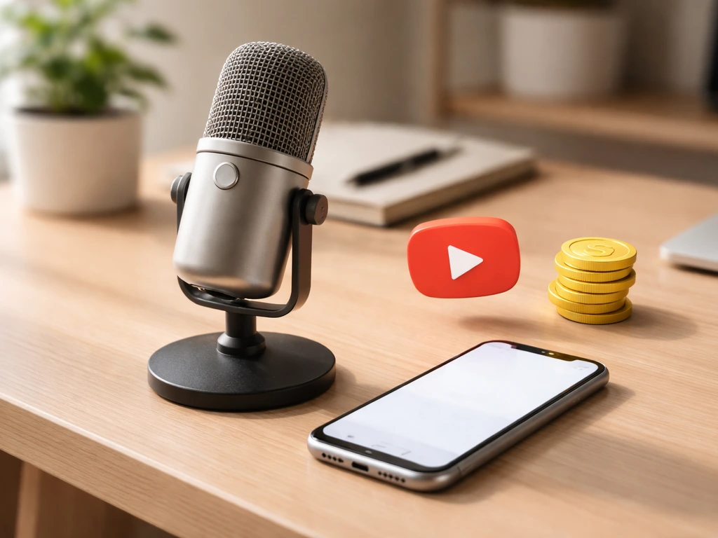 Minimal desk scene with a YouTube-style play button, microphone, and blank smartphone screen showing money sources