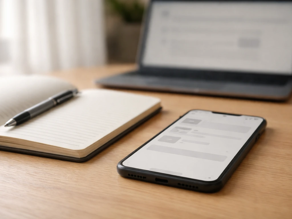 Minimal photo of a phone on a desk beside a notebook and pen, showing verification-style cross-check theme