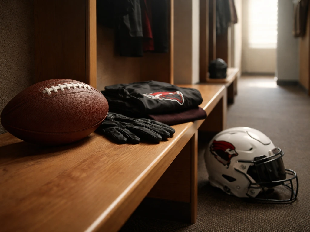 Arizona Cardinals–themed practice gear and a football on a locker-room bench, symbolic of NFL earnings