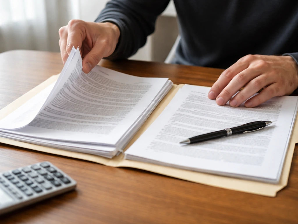 Close-up of a lawyer’s hand sorting contract papers beside a pen and calculator on a simple desk