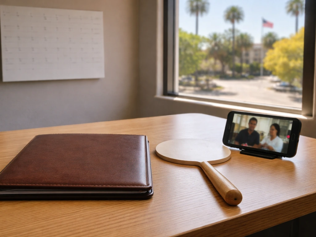 Auctioneer-style office desk with paddle and folder, with warm California window light and palm silhouettes.