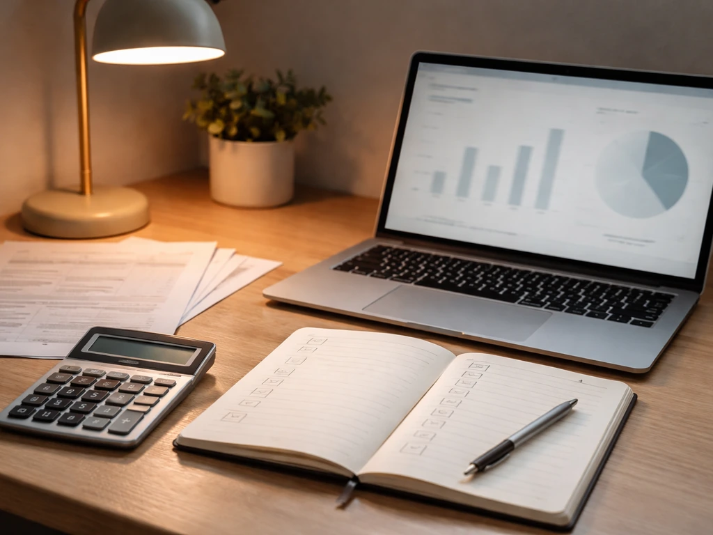 Minimal desk scene with a notebook, calculator, and laptop showing financial documentation in soft light