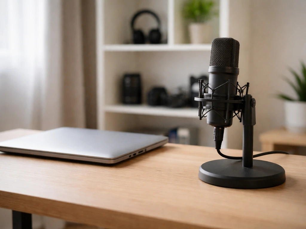 Minimal studio scene with a laptop and microphone symbolizing a young YouTube creator’s online presence
