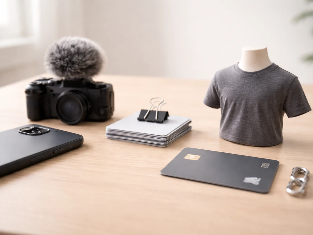 Minimal desk scene with smartphone and neatly arranged objects symbolizing YouTube ads, sponsorships, affiliate links, a