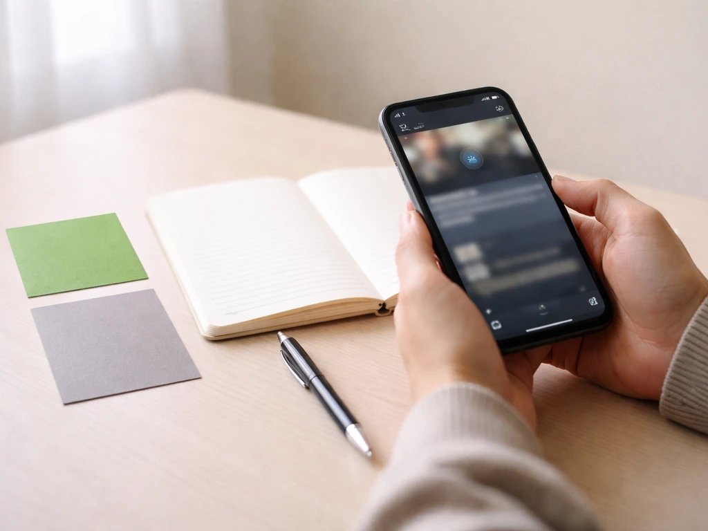 Minimal desk scene with a notebook and phone showing generic media icons, suggesting verification vs caution.