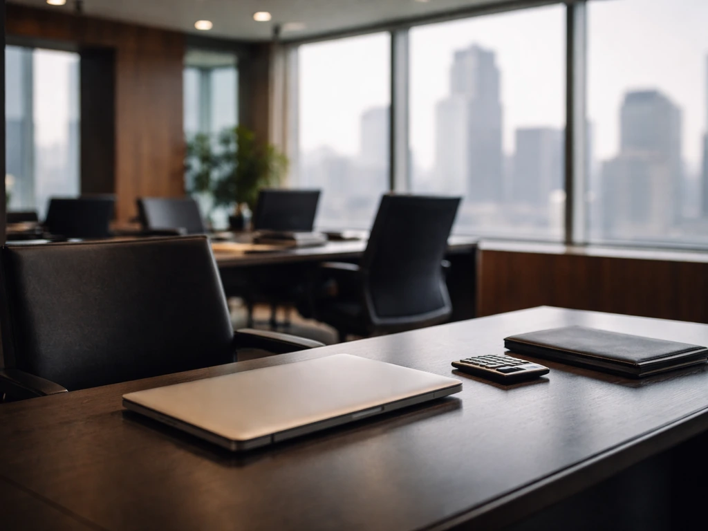 Minimal photo of a modern hedge-fund office desk with a laptop, calculator, and blurred city skyline view