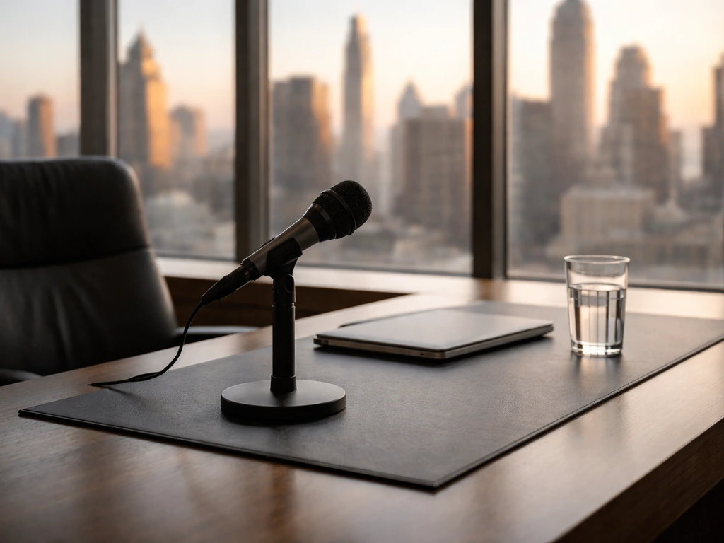 Empty hedge-fund office desk with microphone and city skyline, symbolic of a finance CEO background.