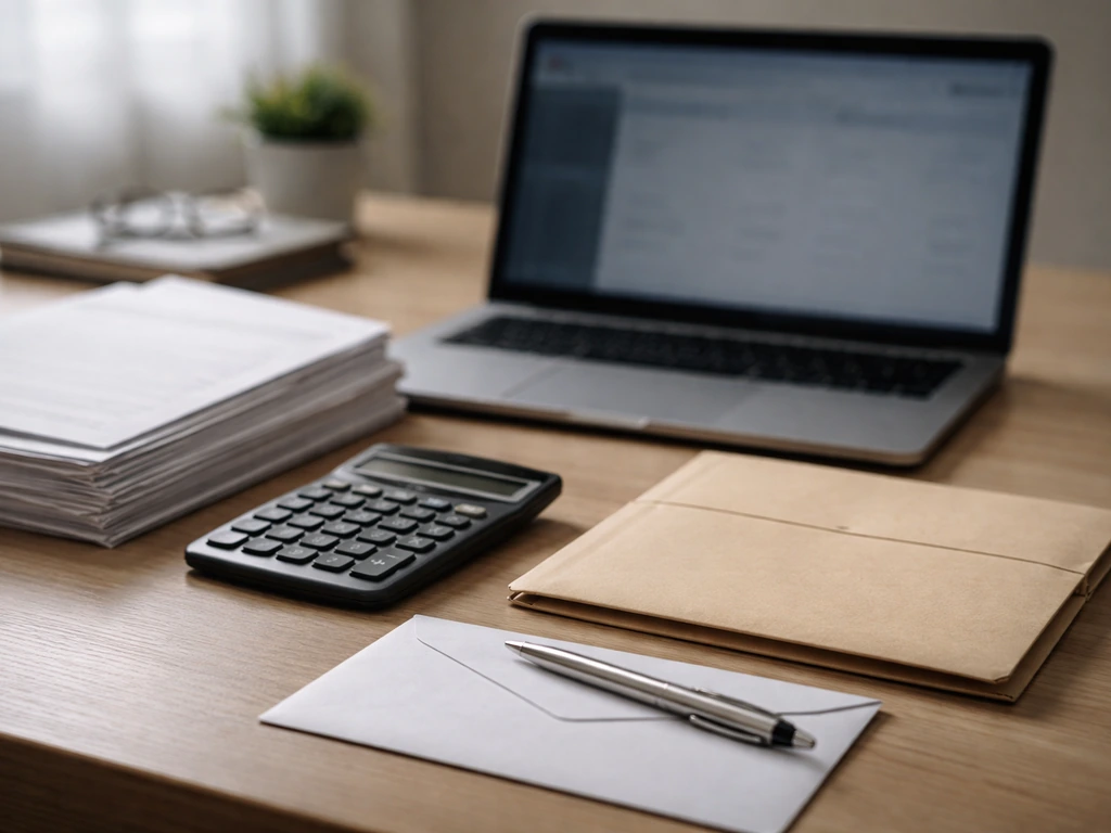 Minimal desk scene with blank filing documents and a calculator, symbolizing assets minus liabilities research.