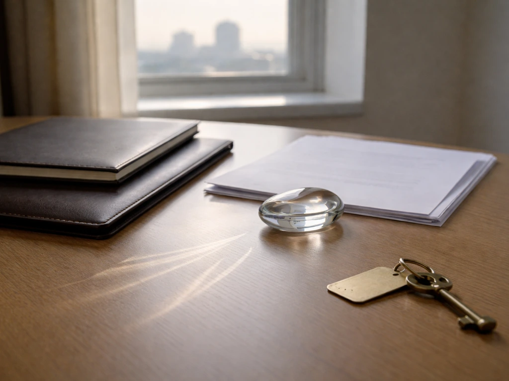 Minimal photo of a finance desk setup with a single glass token suggesting investment wealth flow